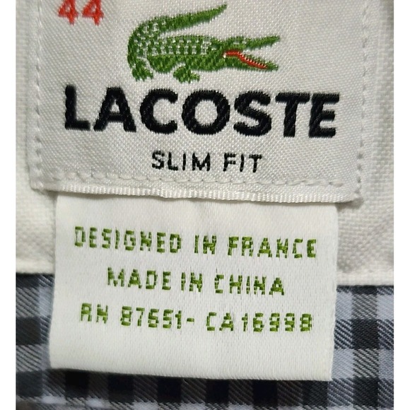 Lacoste Men's 44 XL Slim Fit Gingham Gray Plaid Long Sleeve Button Up Shirt - Picture 7 of 9